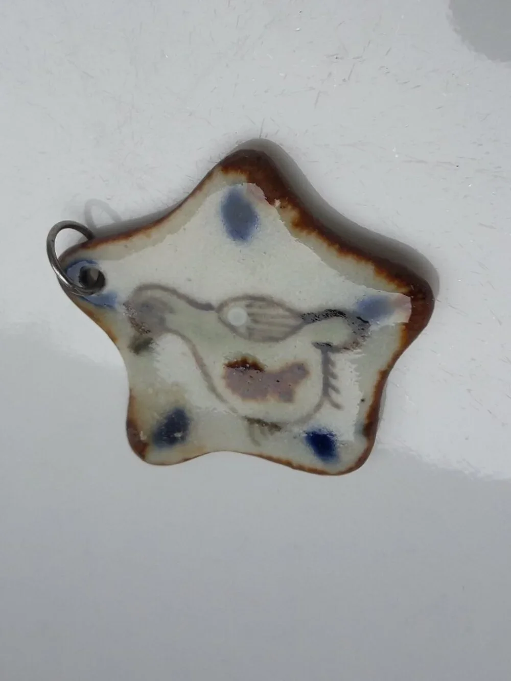 Vintage Pendant Bird Art Glazed Pottery Clay Tiny Star Hand Made - Picture 2 of 9